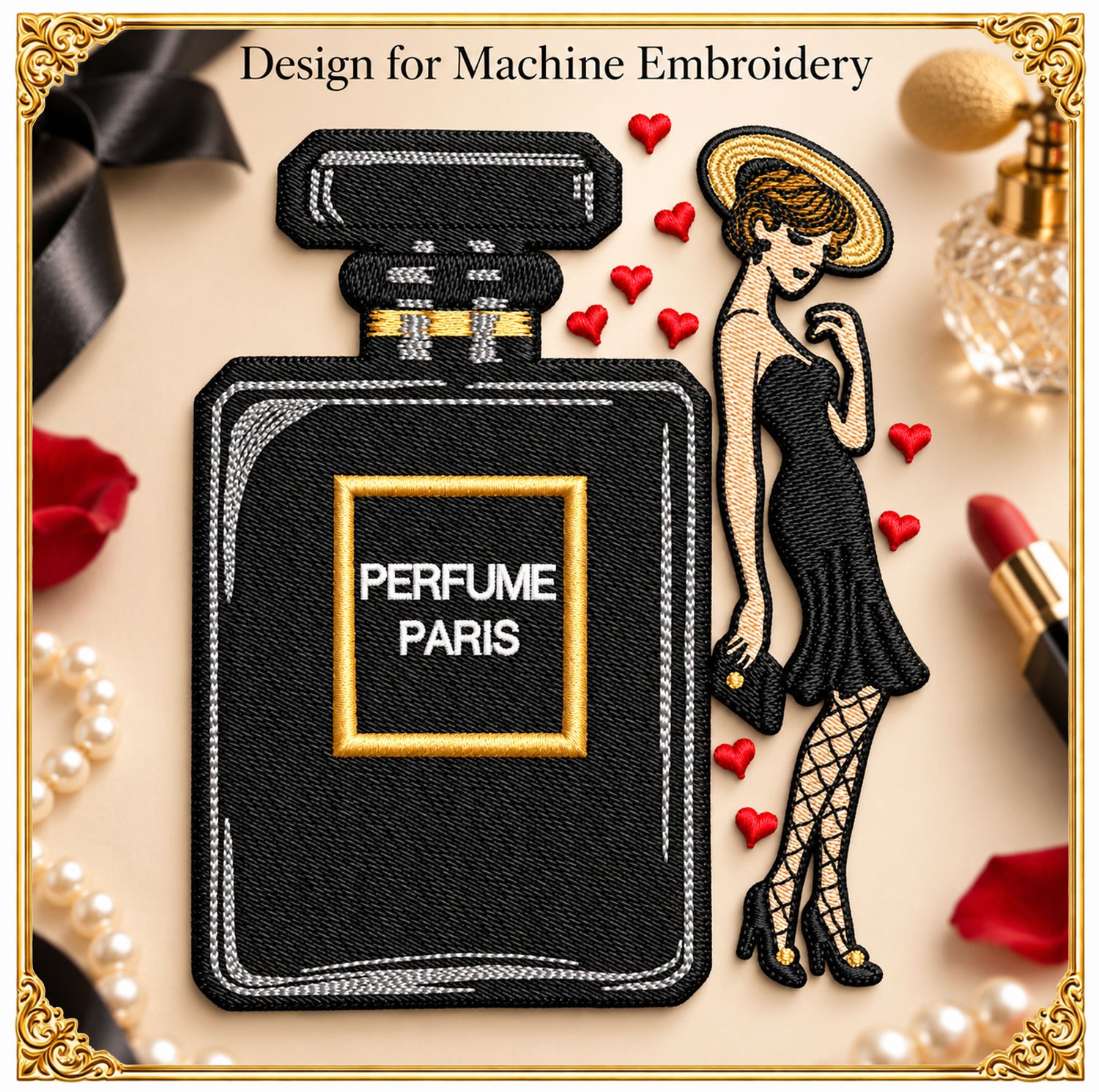 Parisian Perfume Bottle Chic Lady Embroidery Design, Fashion Silhouette (Instant Download)
Parisian perfume bottle with an elegant chic lady silhouette, a detailed fashion themed machine embroidery design with fine shading and refined line work for a modern glamour look.
