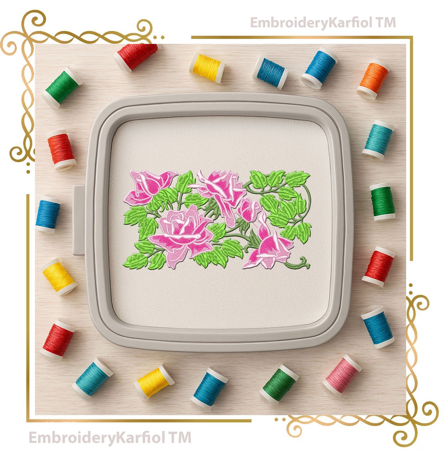 Red Rose Border Embroidery Design, Floral Vine Frame, Romantic Wedding Valentine Machine Embroidery File