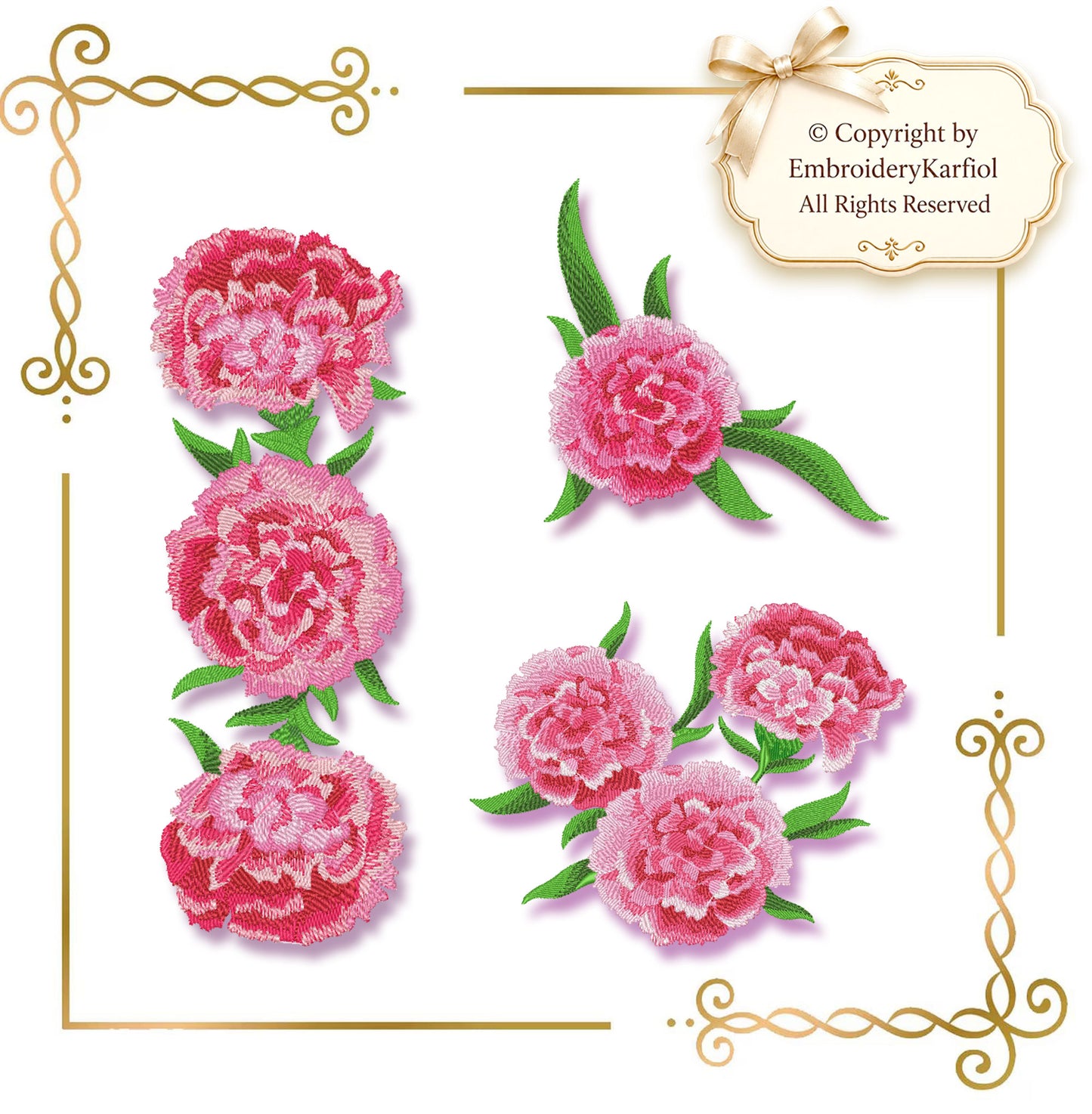 Flowers Pink Carnation machine embroidery design Set — 7 sizes digital download