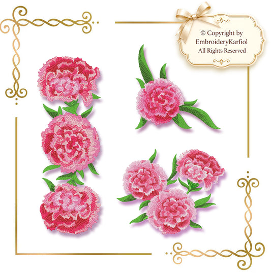 Flowers Pink Carnation machine embroidery design Set — 7 sizes digital download