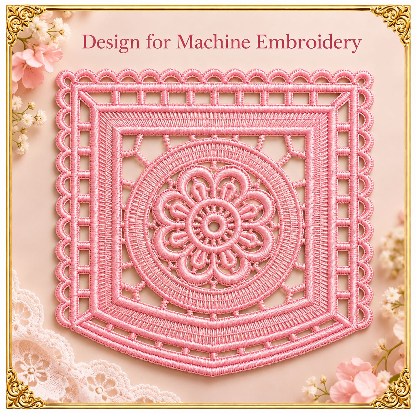 Mandala Lace Pocket Embroidery Design, Belgian Openwork, Freestanding Technique (Instant Download)
Decorative mandala lace pocket machine embroidery design in the look of fine Belgian openwork lace, digitized to stitch either as freestanding lace (FSL) on water soluble stabilizer or as a regular embroidery directly on fabric.