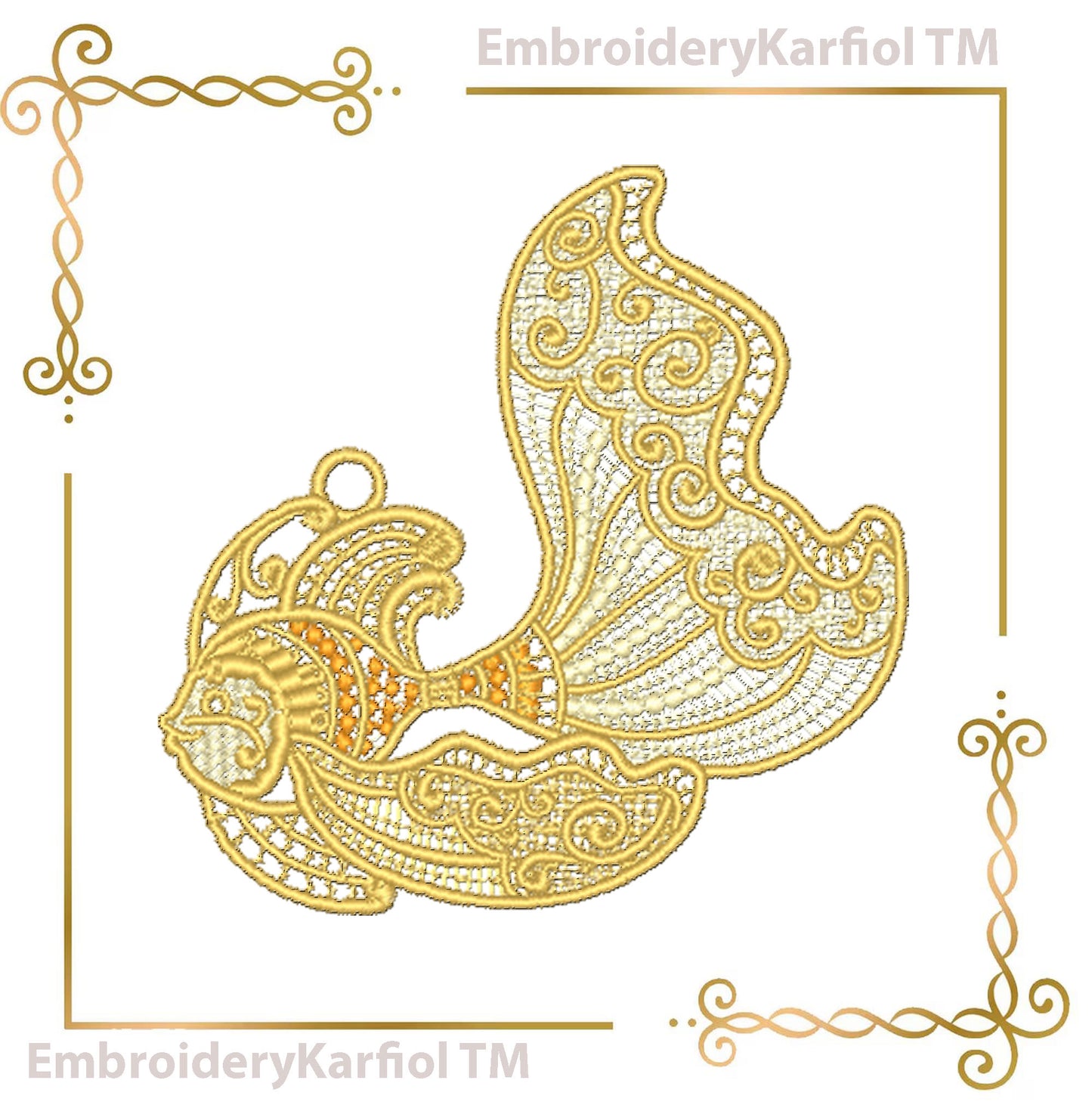 Lace Gold Lace Fish Embroidery Design, Ornamental Sea Creature, Freestanding Lace Pattern (Instant Download)