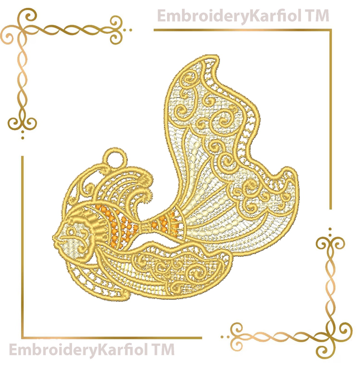 Lace Gold Lace Fish Embroidery Design, Ornamental Sea Creature, Freestanding Lace Pattern (Instant Download)