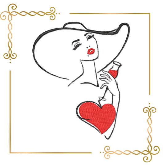 Lady with a Wineglass embroidery design for T-shirt  2 Sizes to the direct download.