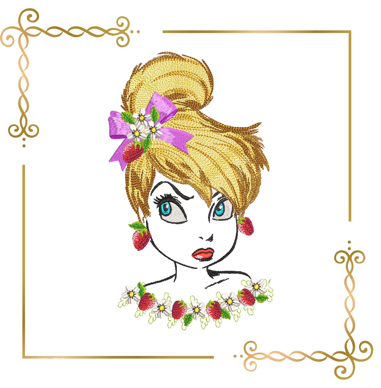 Princess Tinker Bell with bow, strawberry earrings and necklace, 3 sizes digital embroidery design