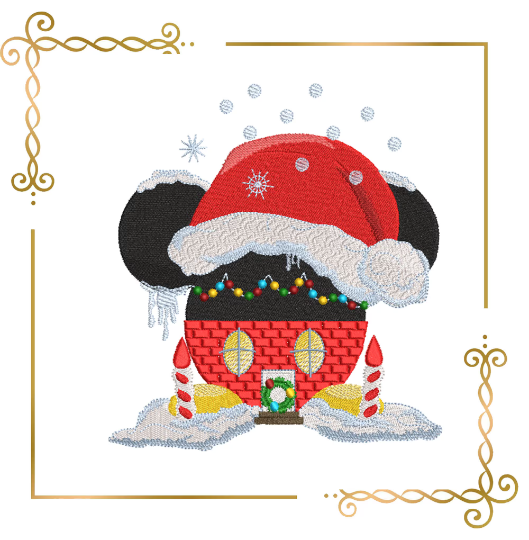 Christmas Mickey Mouse house in a Santa Claus hat machine embroidery design