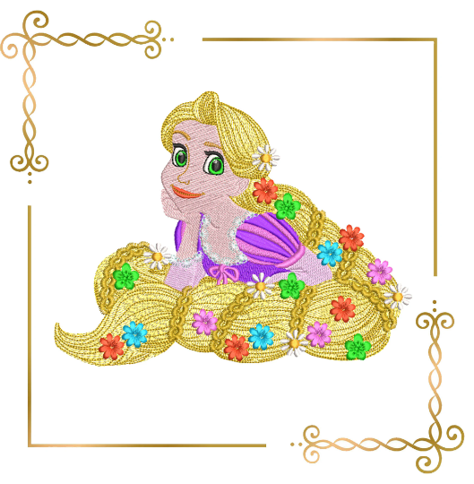 Princess Rapunzel Disney carton character  pretty dress with the braid and the flowers machine  embroidery design 