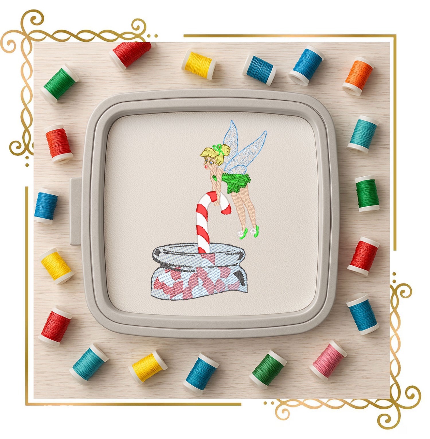 Princess Tinker Bell -Fabulous Fairy - jar with Candy cane - Christmas machine embroidery design