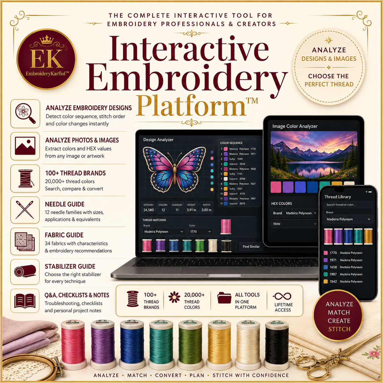 Interactive Embroidery Platform™ | Design & Photo Analyzer | 100+ Thread Brands -Never Guess Thread Colors Again