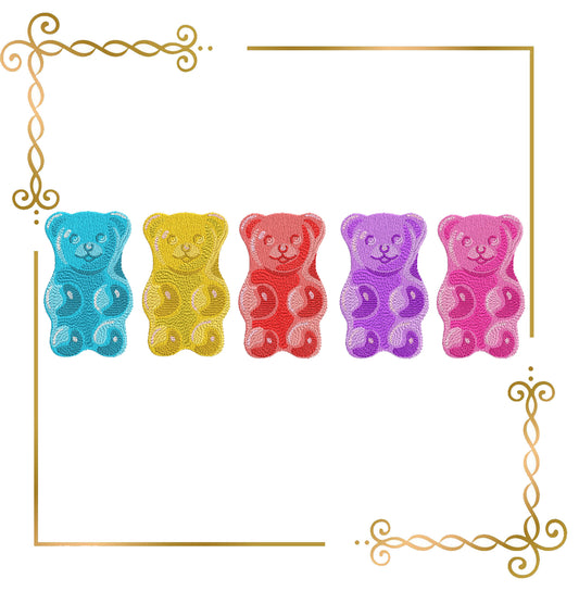 Teddybären, Gummibärchen, Bunte süße Bären aus Gelee-Marmelade, digitales Maschinenstickmuster