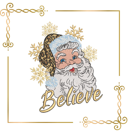 Winter super trendy Santa Claus Believe Christmas lettering Believe embroidery design