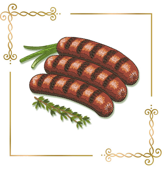 Grilled Sausages Embroidery Design – Sausages with Green Onion & Thyme, Kitchen Decor Machine Embroidery BBQ Grill