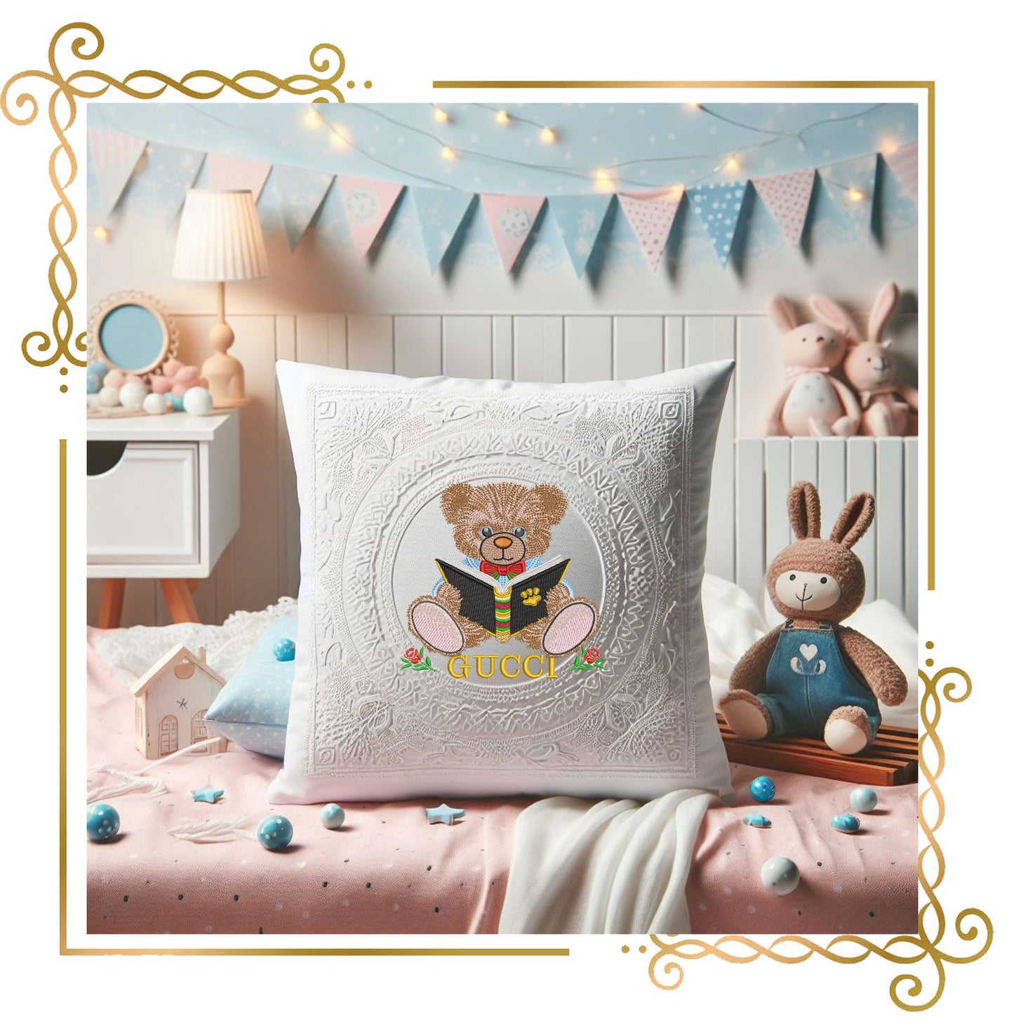 Teddy bear reading a book, cartoon character machine embroidery design digital