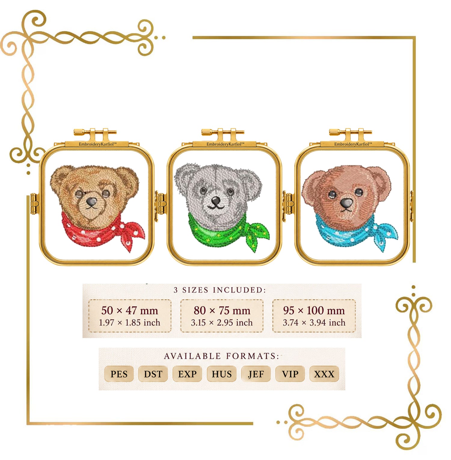 Teddy Bear Classic Style luxury heritage style 3 Elegant Embroidery Designs anthropomorphic bear with Bandanas Vintage to Modern Evolution 3 Bears 3 Sizes