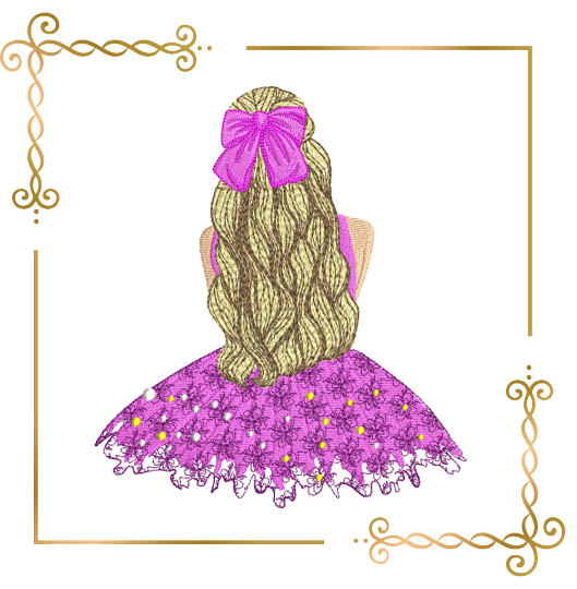 Princess Cute girl wearing beautiful dress wavy hair machine embroidery design