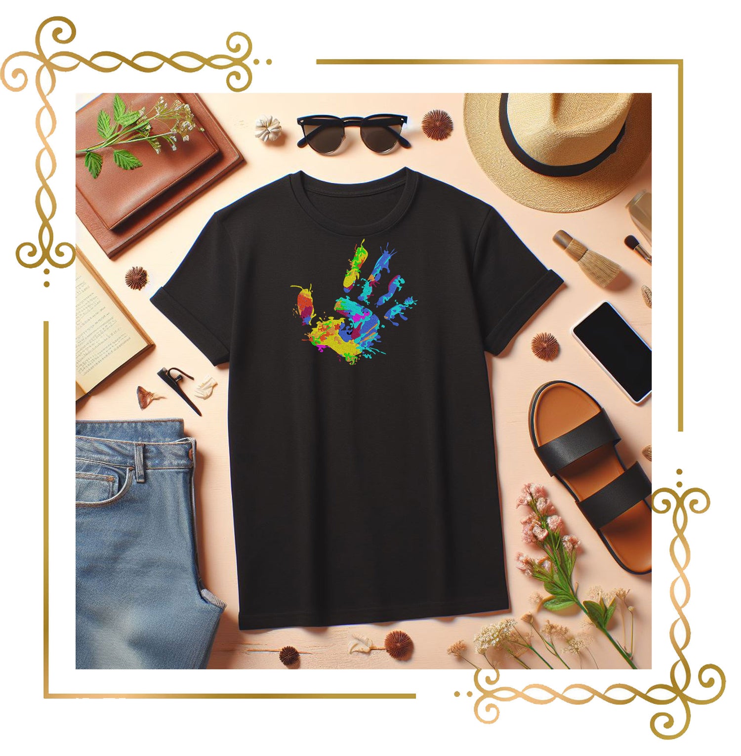 T-shirt Color Splash Handprint - Vibrant Artistic Embroidery Design 2 Sizes