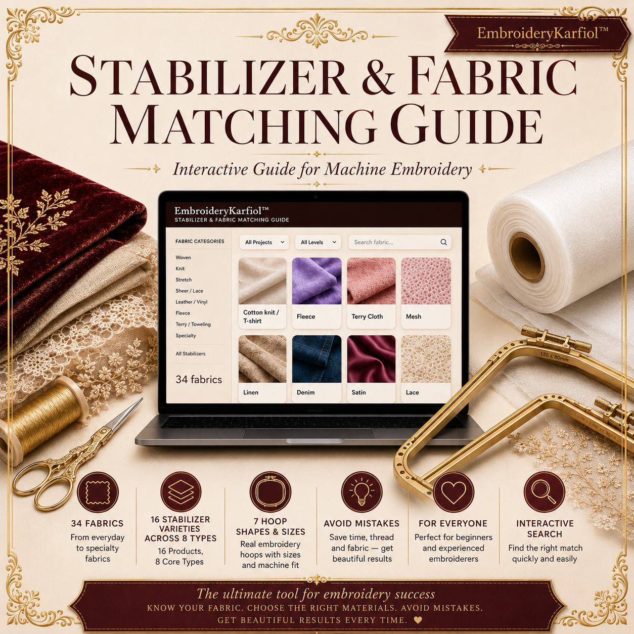 Embroidery Stabilizer & Fabric Guide | Interactive  Web Tool | Fabric to Stabilizer Matching Chart, Hoop Size Cheat Sheet