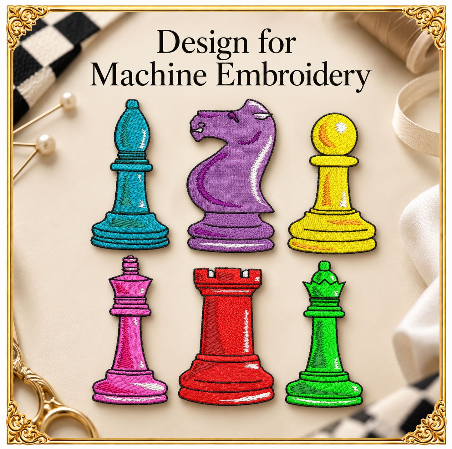 Colorful Chess Pieces Embroidery Design Set, King Queen Knight Bishop Rook Pawn (Instant Download)
Colorful royal chess set machine embroidery design collection with six detailed pieces – king, queen, knight, bishop, rook and pawn – digitized with smooth satin outlines and bright fills for crisp, clean stitching.