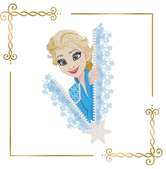 Embroidery Design Ice Queen Elsa Zipper Peek  –  Winter,  Snow Princess and Snowflakes  Frozen