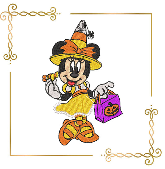 Halloween Minnie Mouse wearing a hat with a handbag and a pumpkin digital Embroidery designs