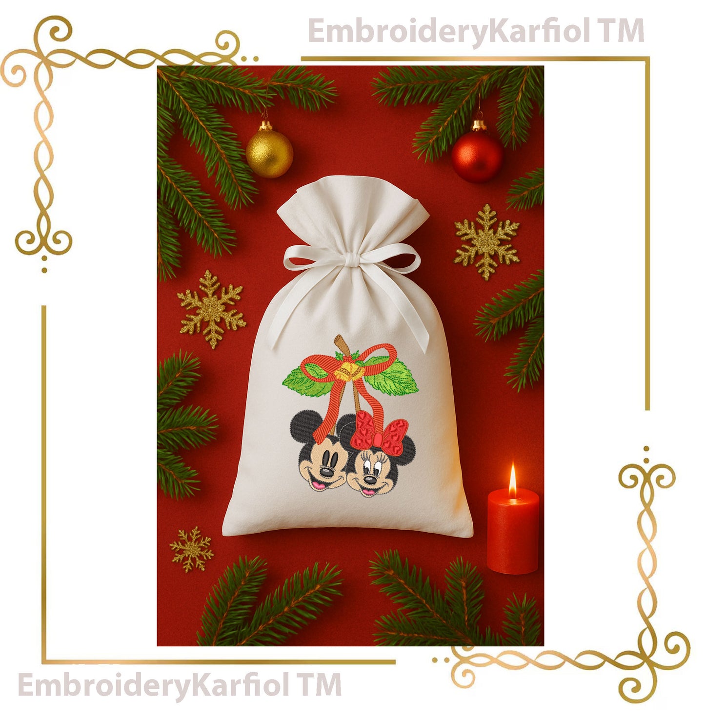 Mickey and Minnie Mouses Christmas Winter Christmas Cherry Embroidery Design