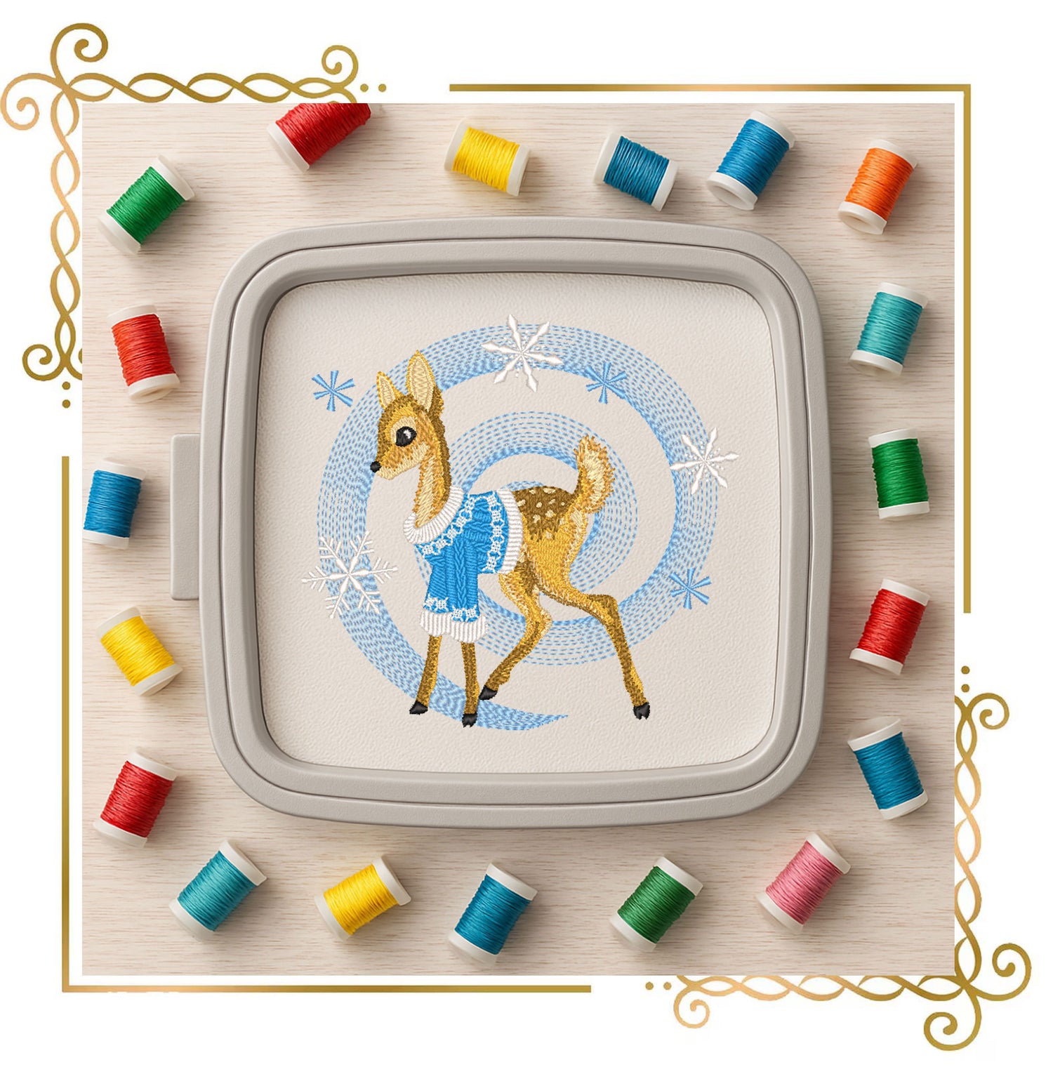 Winter Fawn Embroidery Design – Realistic Knit Texture Deer in Blue Sweater, Christmas Machine Embroidery Pattern (Digital Download)