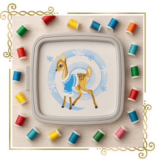 Winter Fawn Embroidery Design – Realistic Knit Texture Deer in Blue Sweater, Christmas Machine Embroidery Pattern (Digital Download)
