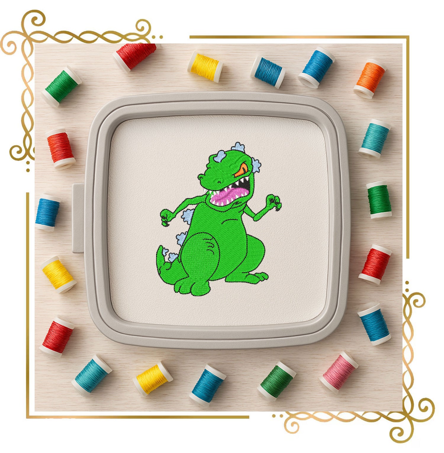 Reptar Wagon Embroidery Design | Cartoon Dinosaur Machine Embroidery Pattern | Green Dino