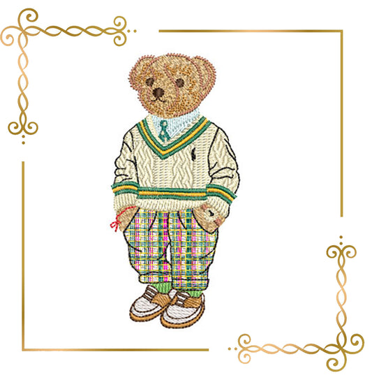 
Teddy Bear Super Fashion  in a knitted sweater and in plaid pants style of Ralph Lauren embroidery design digital