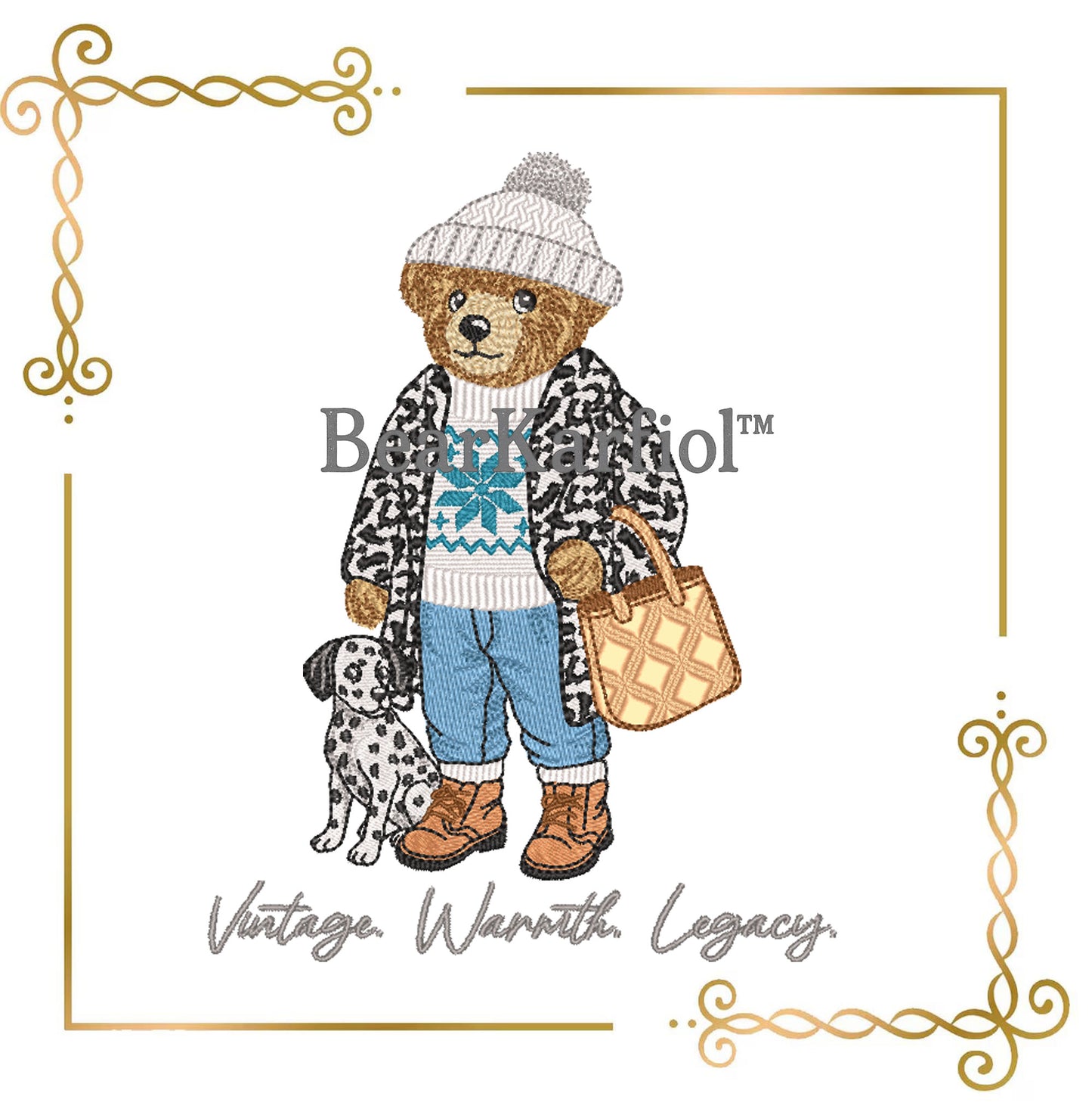 Teddy Bear with Dalmatian Embroidery Design – Cozy Ralph Lauren Style Winter Outfit, Snowflake Sweater