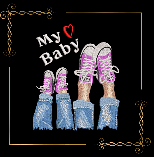 Miscellaneous Mother's Day mom and baby  legs in sneakers jeans machine embroidery design