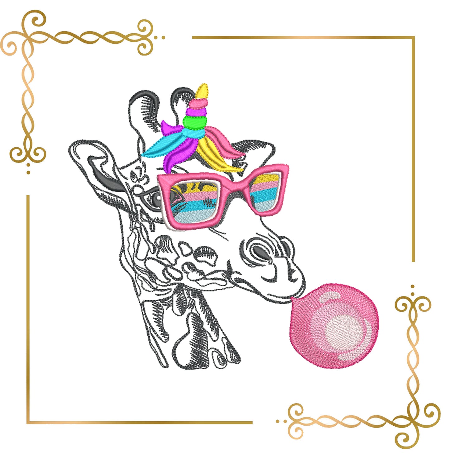 Rainbow Giraffe Unicorn with Rainbow Sunglasses and Bubble Gum - Fun Embroidery Design 3 Sizes