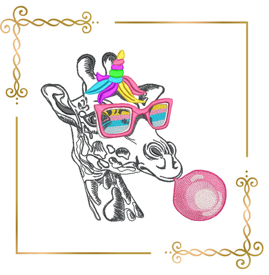 Rainbow Giraffe Unicorn with Rainbow Sunglasses and Bubble Gum - Fun Embroidery Design 3 Sizes