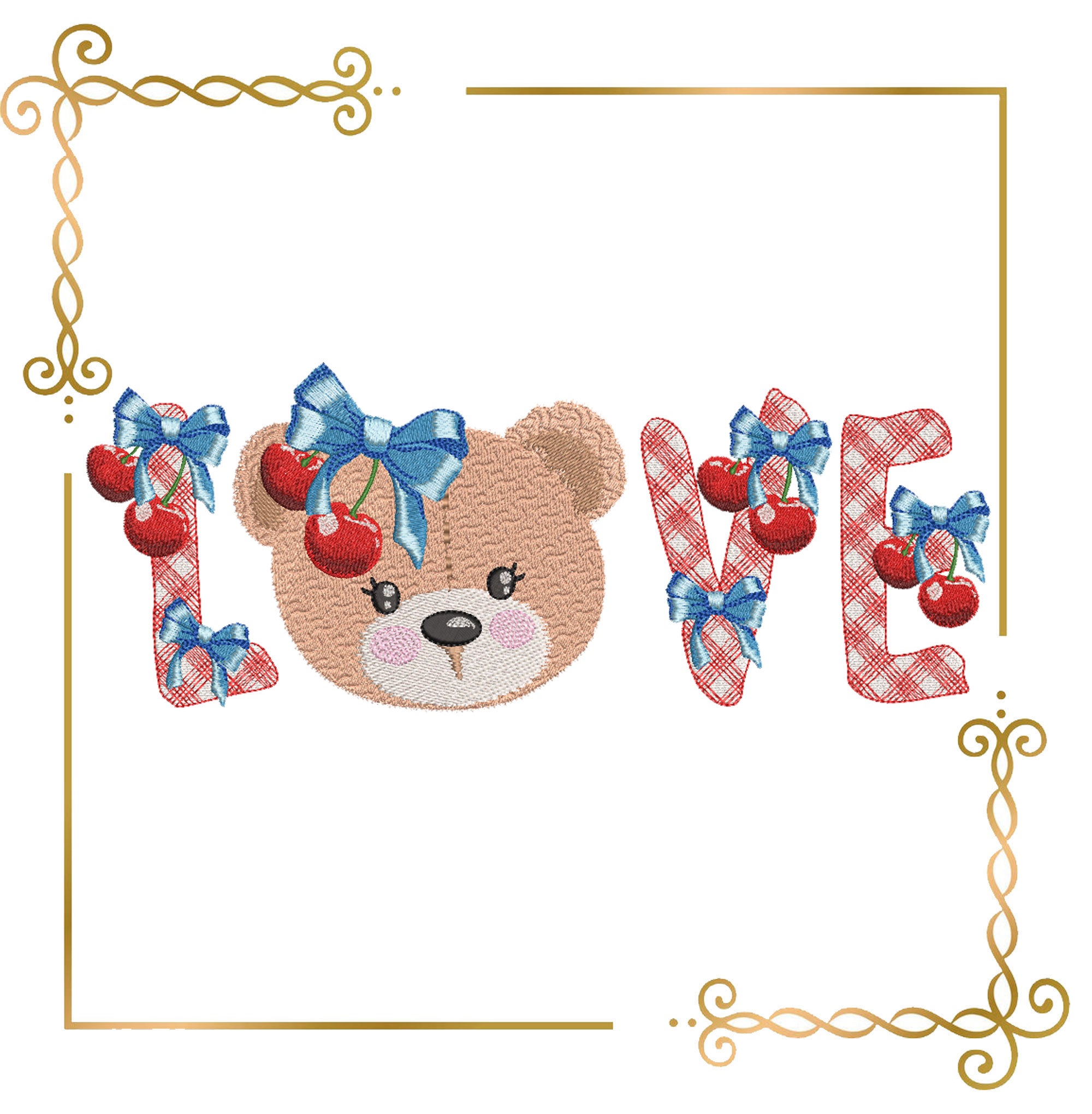 Teddy bear with bows and cherry, love, cartoon character, digital mach ...