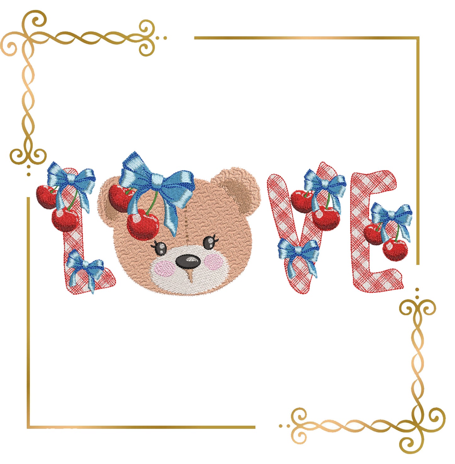 Teddy bear with bows and cherry, love, cartoon character, digital machine Embroidery design