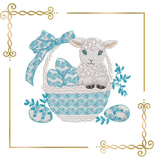 Charming Easter lamb sitting in a woven basket embroidery design to the direct download 2 Sizes