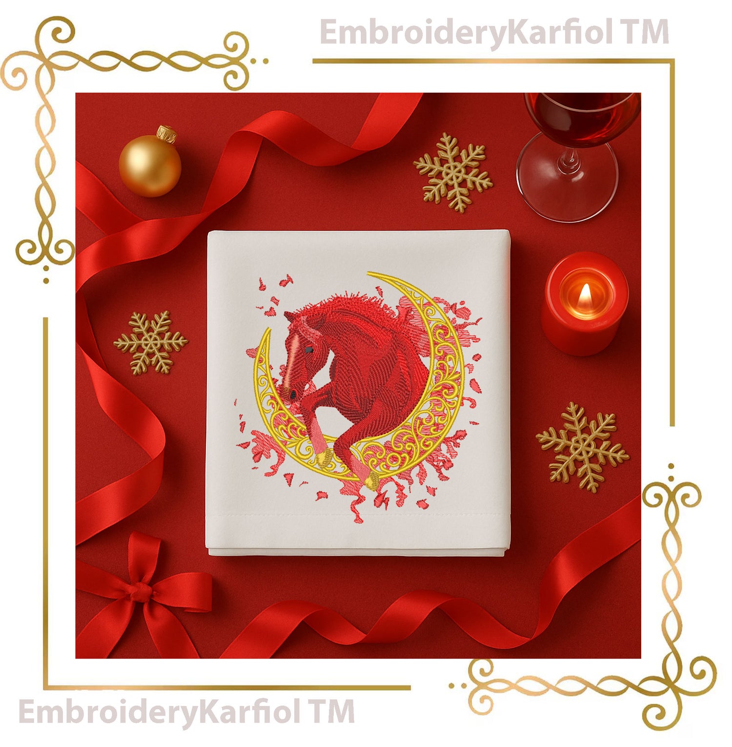 Horse on Moon - Embroidery Design - Chistmas Red Holiday Version and Natural Brown (Digital Download)