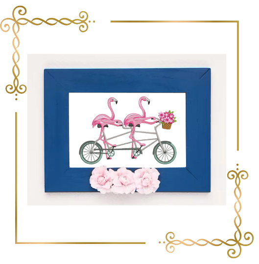 Cartoon Characters pink flamingos couple on a bicycle embroidery design to the direct download