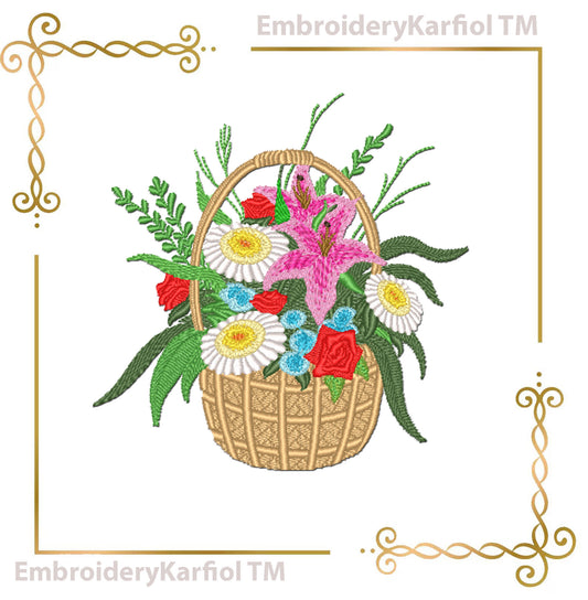 Flowers Flower Basket Embroidery Design, Floral Bouquet, Daisy Rose Lily cottagecore Summer Pes, Instant Download