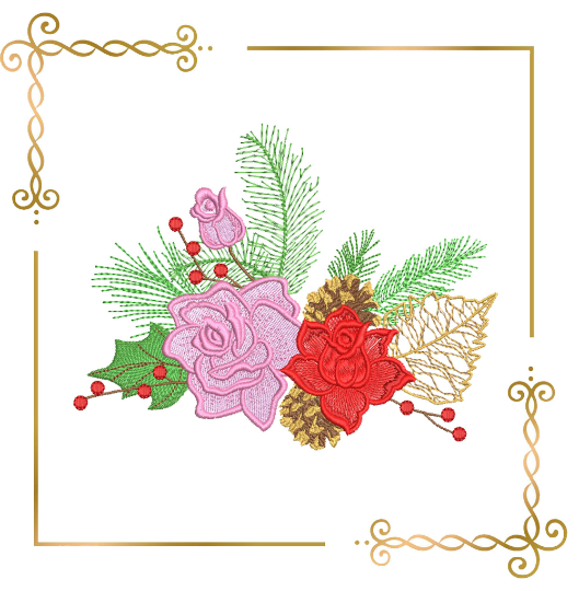 Winter Christmas bouquet with roses and cones and pine and spruce branches, 2 Sizes, embroidery design