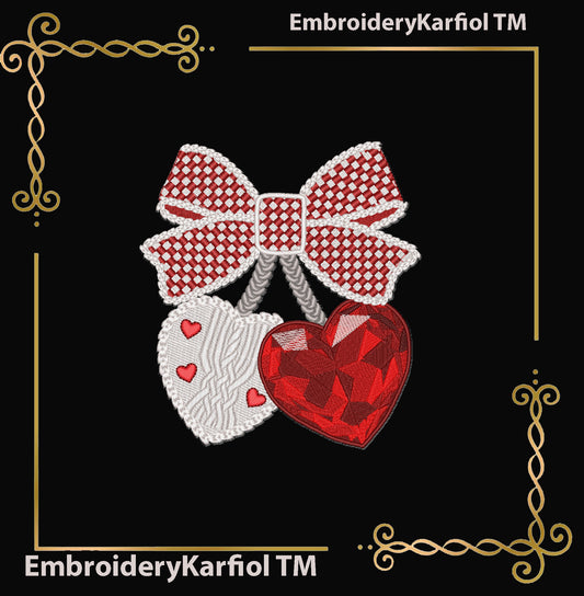 Valentines Day Bow with Crystal and Knit Hearts Embroidery Design File 2 Sizes