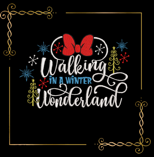 Minnie Mouse, Christmas, inscription Walking in a winter wonderland, Christmas Greetings, embroidery design to the direct download