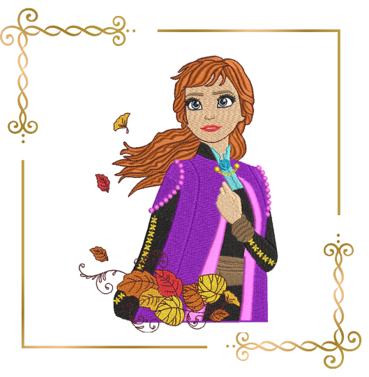 Princess Anna Frozen autumn leaves, Disney character embroidery design to the direct download