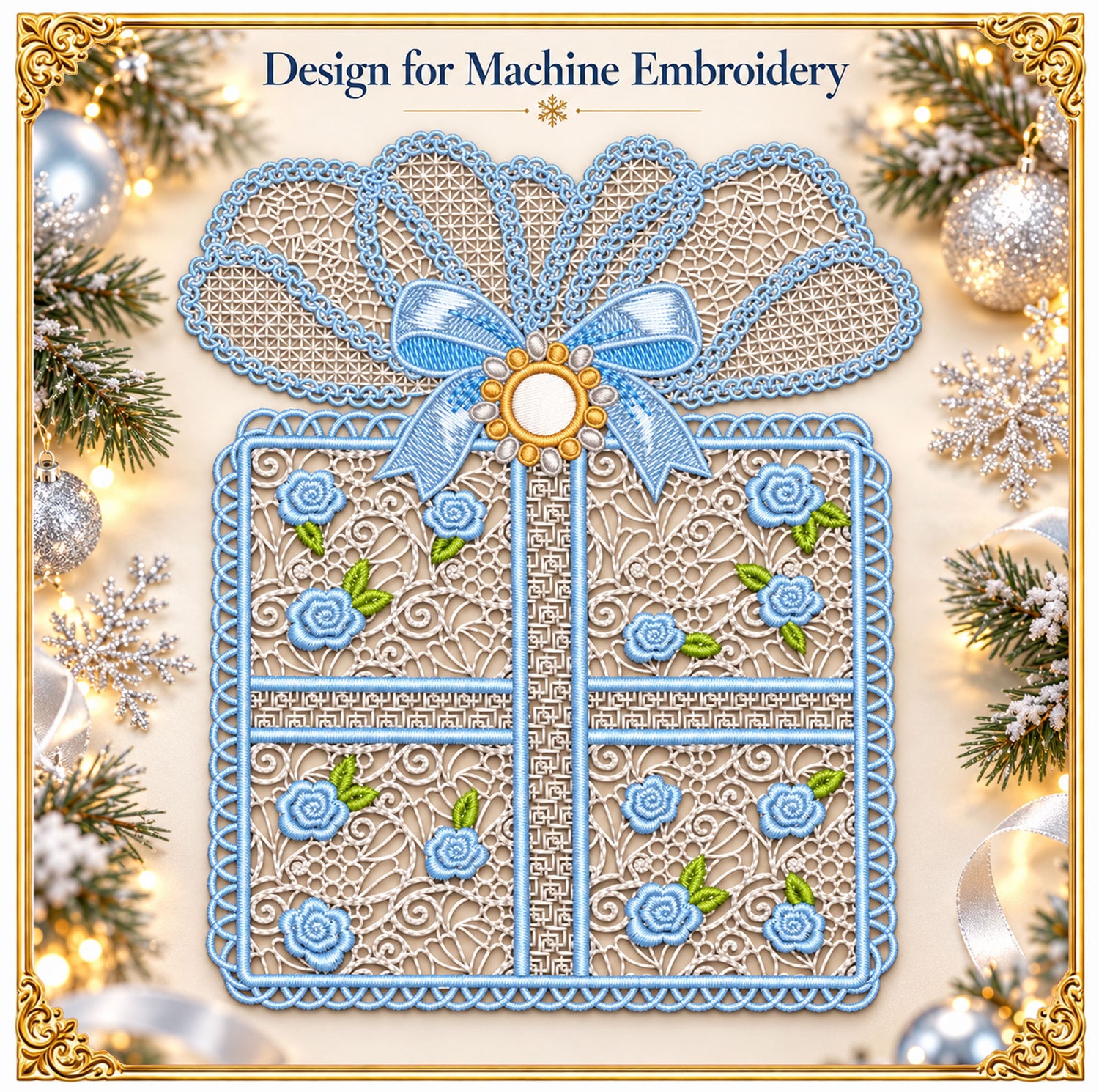 Vintage Lace Box Embroidery Design, Roses, Satin Bow, &nbsp;embroidered Pearl Brooch (Instant Download)
Vintage lace-trimmed box machine embroidery design with blooming roses, a flowing satin bow and a delicate embroidered pearl brooch, digitized in a romantic elegant style.