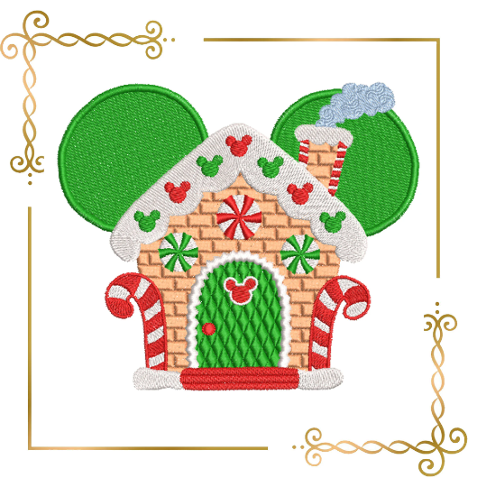 Christmas Mickey Mouse gingerbread house machine embroidery design