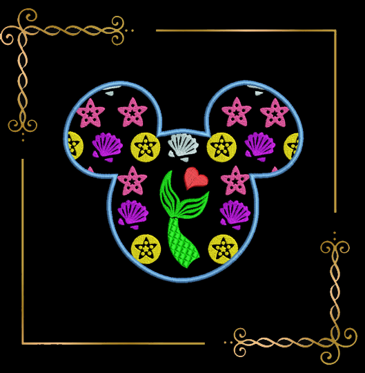 Princess Ariel Minnie mouse head mermaid tail seashells stars machine embroidery design