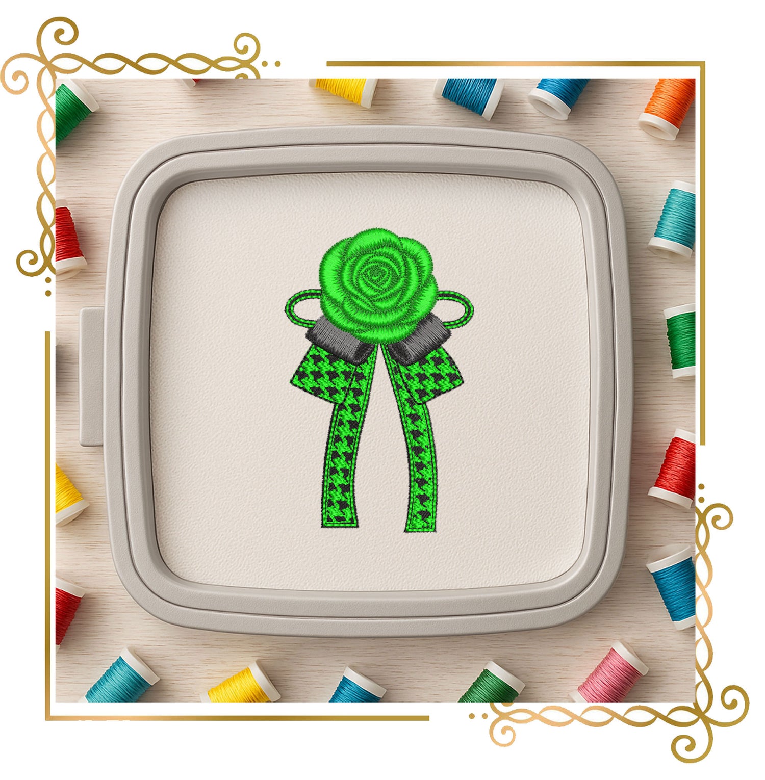 Elegant jewelry, bow with a rose in a fashionable style embroidery design