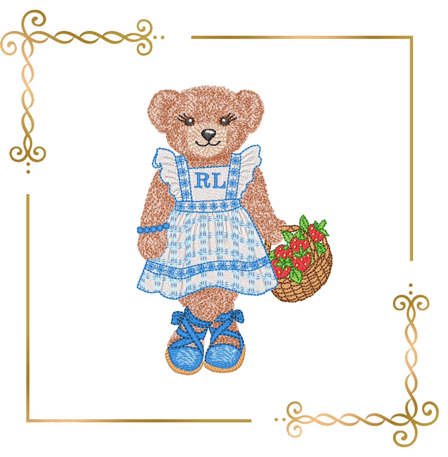 Teddy Bear Embroidery Design – Teddy Bear with a basket of strawberries Polo – Digital File for Machine Embroidery 3 Sizes