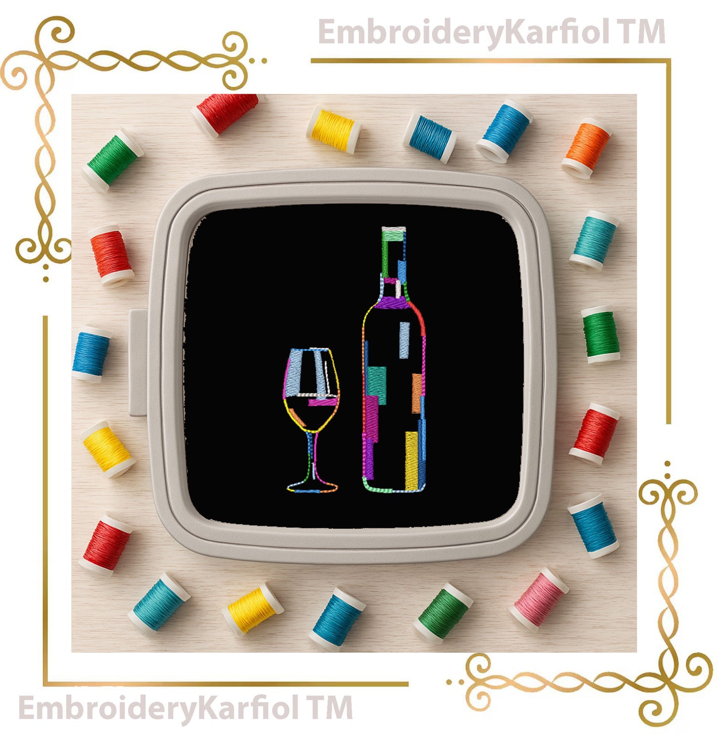 T-shirt Abstract Wine Bottle and Glass Embroidery Design | Artistic Line Art Style
