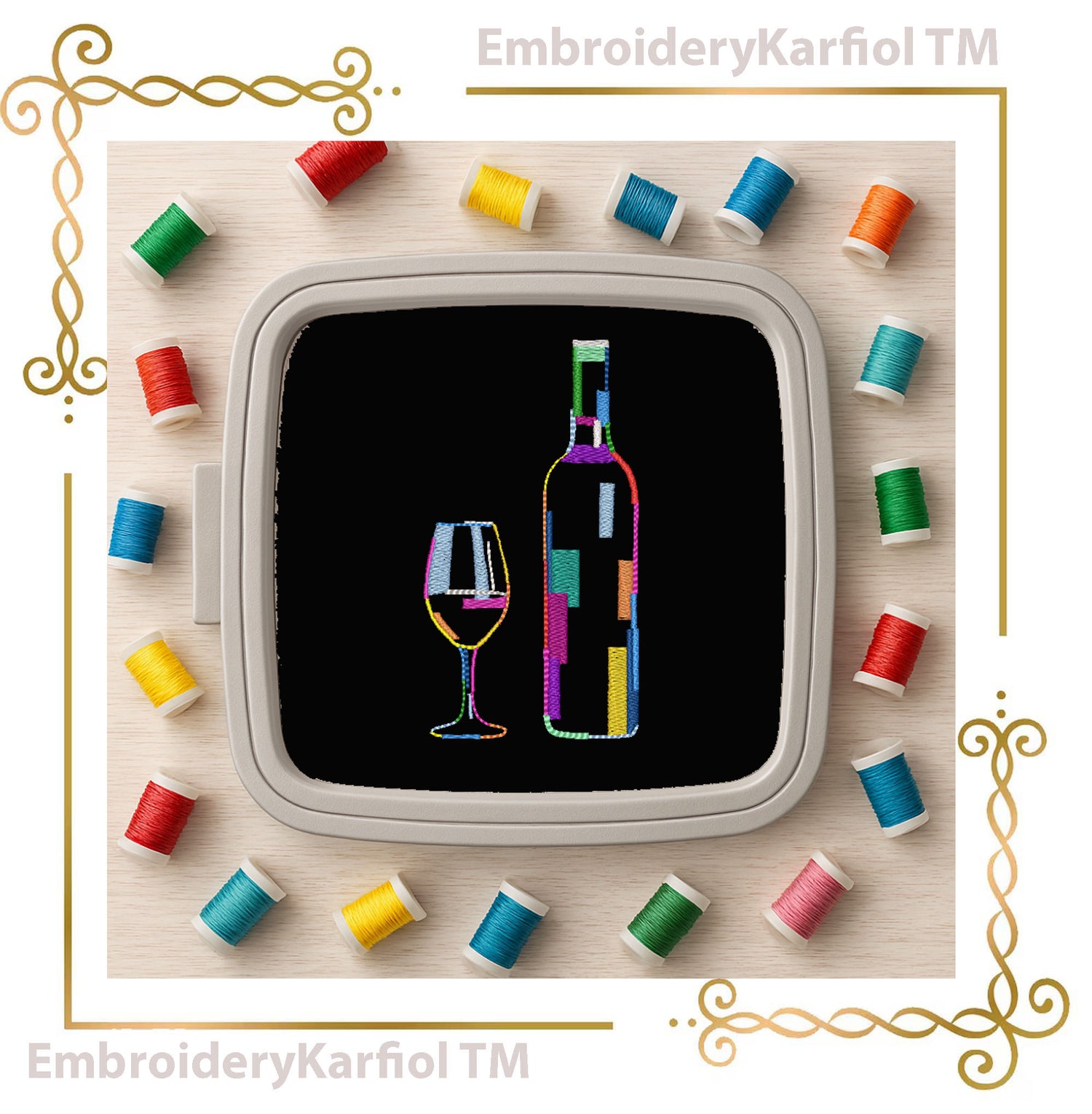 T-shirt Abstract Wine Bottle and Glass Embroidery Design | Artistic Line Art Style